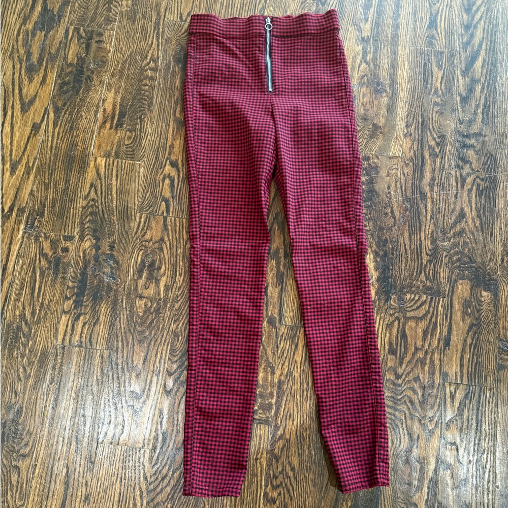 Garage Red Black Plaid Check Zip Leggings Skinny Pants - Womens Small EUC